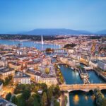 Geneva,,Switzerland,Skyline,View,Towards,The,Jet,D'eau,Fountain,In